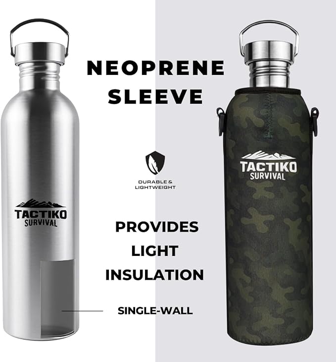 Tactiko Survival 51 oz/1500 ml Stainless Steel Wide Mouth Water Bottle, Single Wall Boil-Safe, Leakproof, BPA-Free with Carry Sleeve and Strap for Camping, Hiking, Outdoor Prep (Camo)