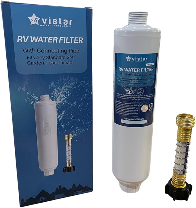 RV Water Filter & Hose Protector, Inline Water Filter Reduces Bad Taste, Odor, Chlorine & Sediment, Ideal for RVs, Campers, Travel Trailers, Boats, American Owned Company
