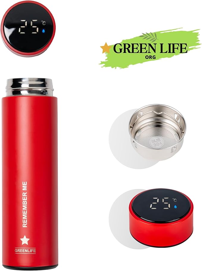 GreenLife Smart Water Bottle with LED Temperature Display, Thermostat Double Wall Vacuum Insulated Water Bottle, Cold 36 Hrs, Hot 24 Hrs, BPA-Free, Leak Proof, for Travel & Outdoor (Red).
