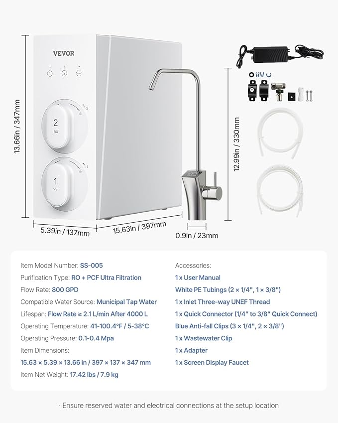 VEVOR Reverse Osmosis System, 800 GPD 8-stage Tankless Reverse Osmosis Water Filter, Under Sink Water Filtration System with Smart Display Faucet, 2:1 Pure to Drain Ratio