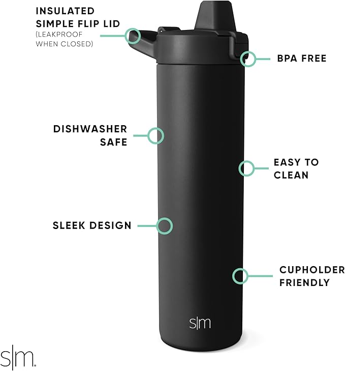 Simple Modern Filtered Water Bottle | Insulated Stainless-Steel Carbon Filter Travel Water Bottles | Reusable for Clean Drinking Water On The Go | 24oz, Midnight Black