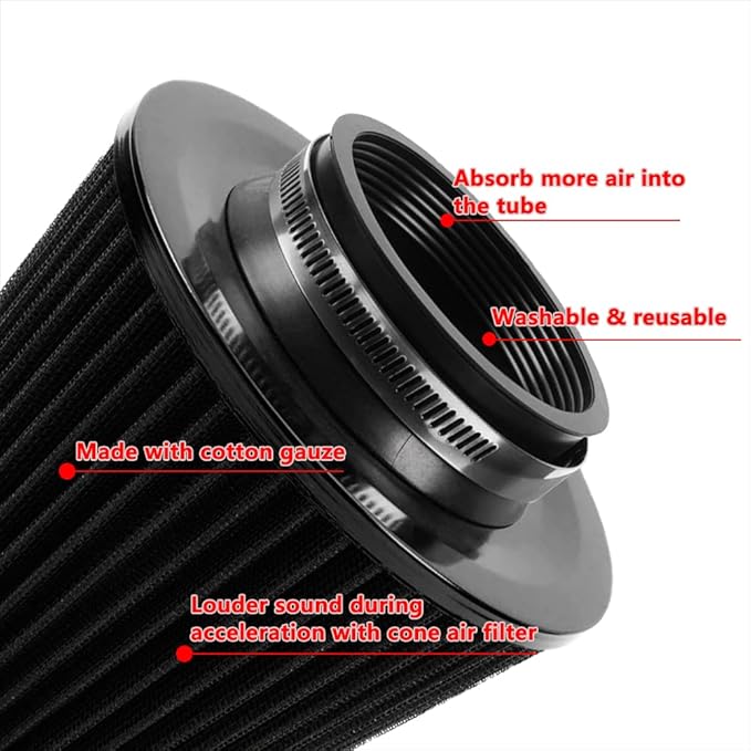 muge racing 3-inch Cold Air Intake Filter 76mm, High Performance Clamp-On Engine Intake Air Filter, Washable Reusable & Universal Round Tapered Replacement Air Filter, Black