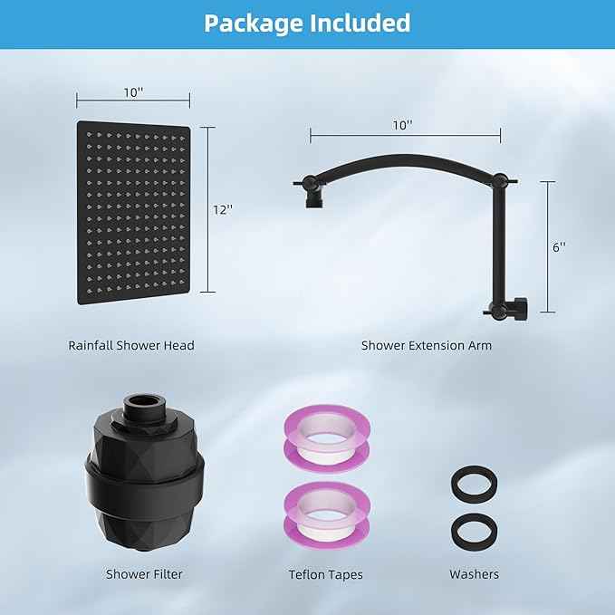 Hibbent All Metal Rain Filtered Shower Head, 12'' High Pressure Rainfall Showerhead with 16" Shower Extension Arm, 20 Stage Shower Filter, Solid Brass Adjustable Shower Arm Extender, Matte Black