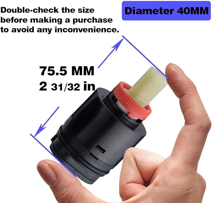 N40HKC Shower Cartridge Replacement, 40mm Shower Faucet Cartridge for Tub/Shower Faucet, the height is 2.97 inches (75.5mm) and the width is 1.58 inches (40mm), Black (1Pack)