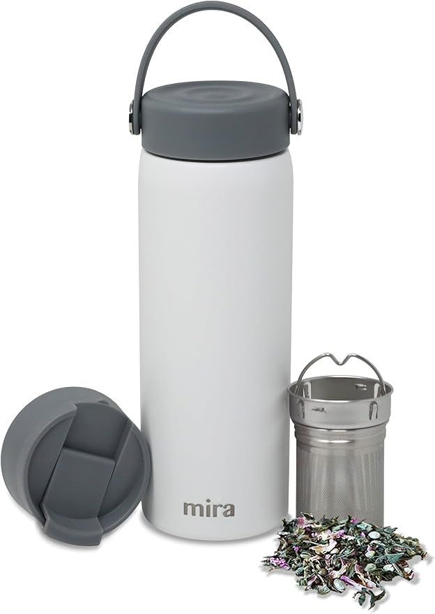 MIRA 18 oz Tea Infuser Thermo - Stainless Steel Travel Bottle with Removable Strainer for Loose Leaf Tea - Insulated Hot & Cold Brew Steeper - White