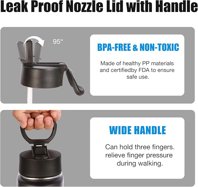 Volhoply Insulated Water Bottles with Straw Bulk 2 Pack, 22 oz Stainless Steel Sports Bottle with Handle Lid, Metal Travel Water Cups with Wide Mouth,Reusable Water Flask for School(Black,2 Set)