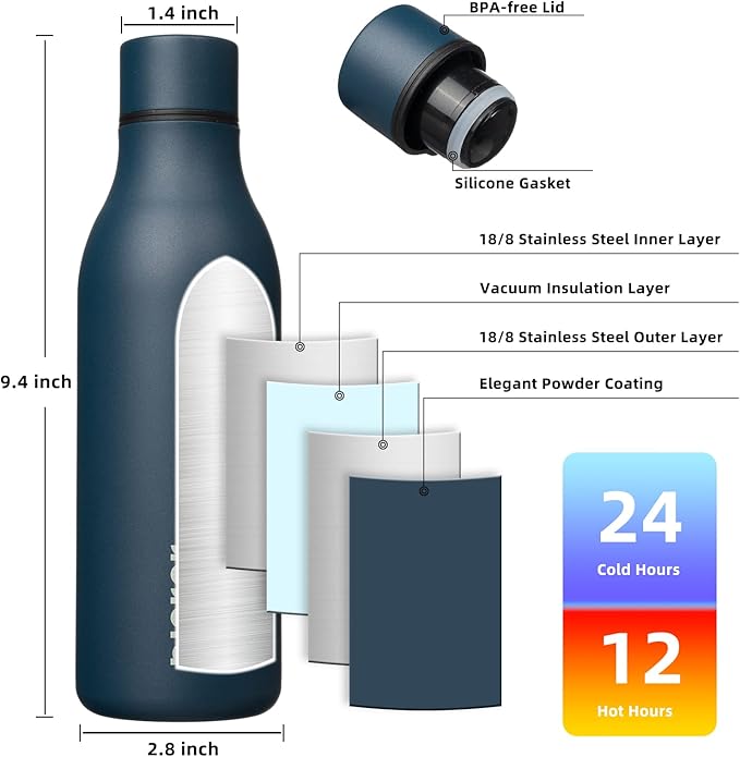 BJPKPK Insulated Water Bottles, 18 oz Stainless Steel Metal Water Bottle with Strap, BPA Free Leak Proof Jugs, Mugs, Flasks, Reusable Thermal Flasks for Sports & Travel, Navy Blue