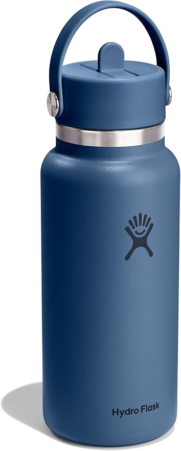 Hydro Flask Water Bottle - Insulated Stainless Steel - Wide Mouth Flex Straw Lid, Non Spill, Leakproof and Refillable in 32 Oz Harbor Blue