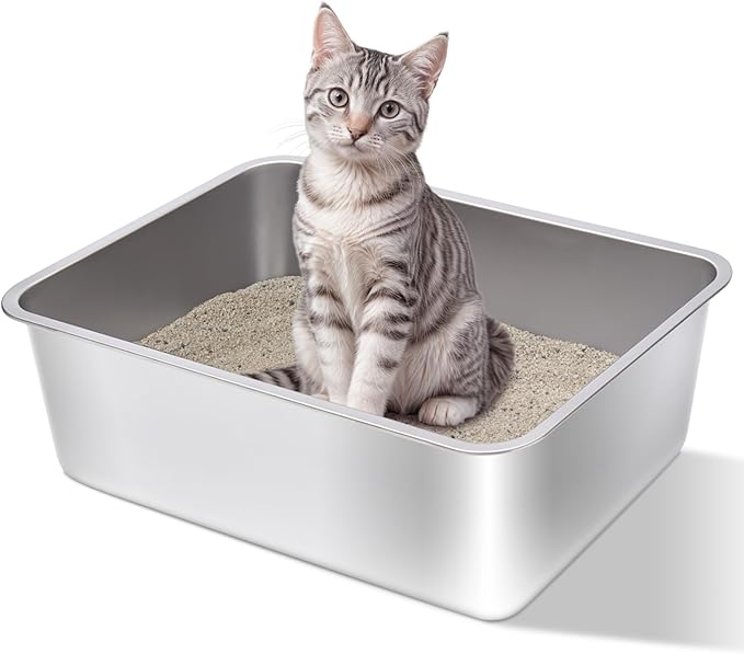 Stainless Steel Litter Box- 17.7" L x 13.77" W x 6" H Metal Cat Litter Box, Medium Cat Litterbox for Kitty or Rabbits,Non Stick, No Smell, Easy to Clean - AquaVibe
