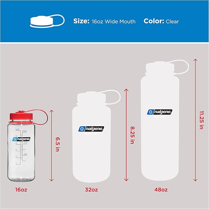Nalgene 16 oz Wide Mouth Water Bottle | BPA-Free, Durable & Leak Proof, Lightweight Travel Bottle, Fits in Cupholders, Clear