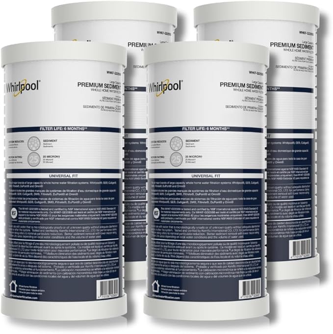 Whirlpool Whole House Large Capacity Sediment Filter WHKF-GD25BB, Full Case of 4 Filters, NSF Certified 25-Micron Filtration, Replacement Cartridge Fits Most Home 10