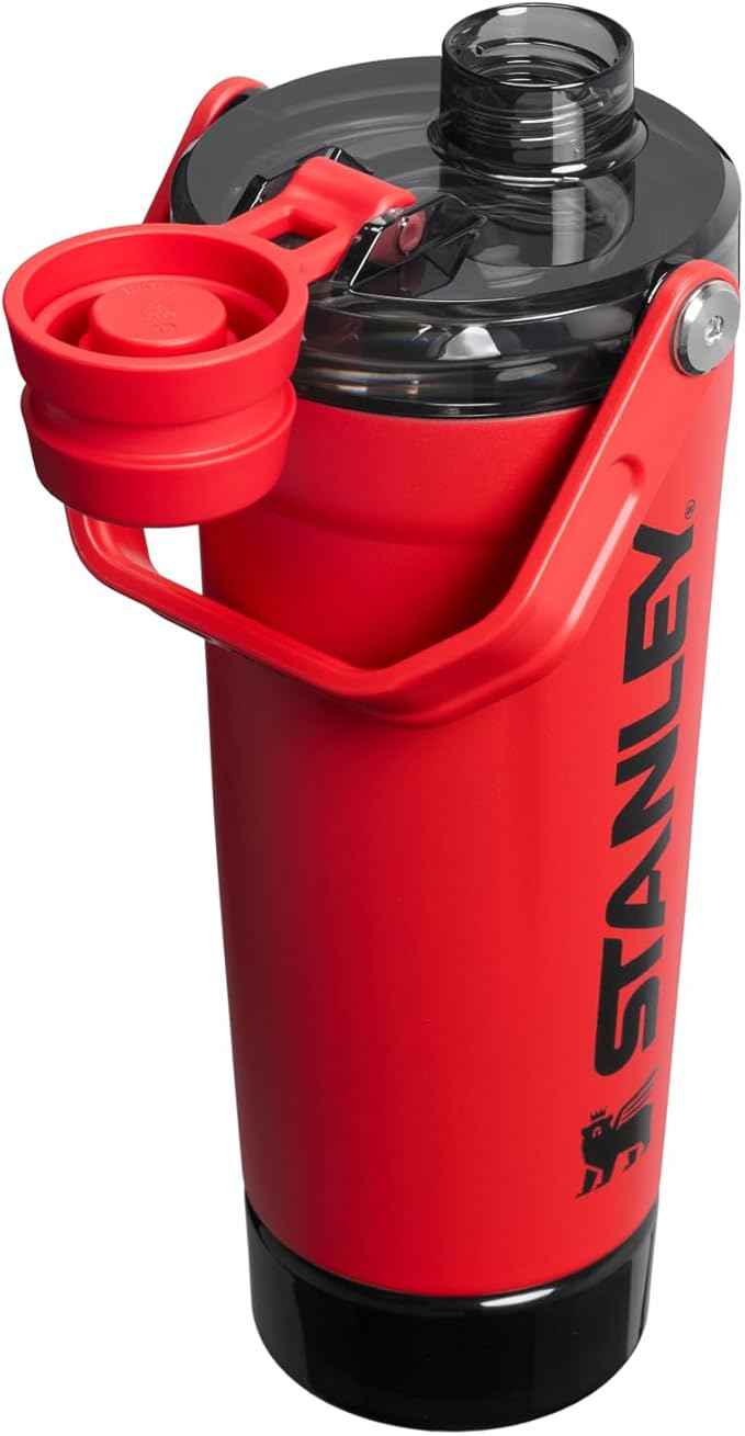 STANLEY Vitalize Shaker Bottle 20 oz | Leakproof Insulated Stainless Steel Shaker Cup | Base Storage and Twist On Fast Flow Lid | Protein Shakes and Pre Workout Powder | BPA-Free | Chili Black