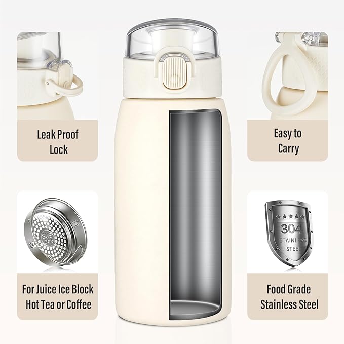 Insulated Water Bottle 12 oz with Dustproof Lid, Carry Handle & Tea Infuser, BPA-Free & Leakproof, Stainless Steel Water Bottles Ideal for Fitness, Hiking, Office & Outdoor Use （Beige ）