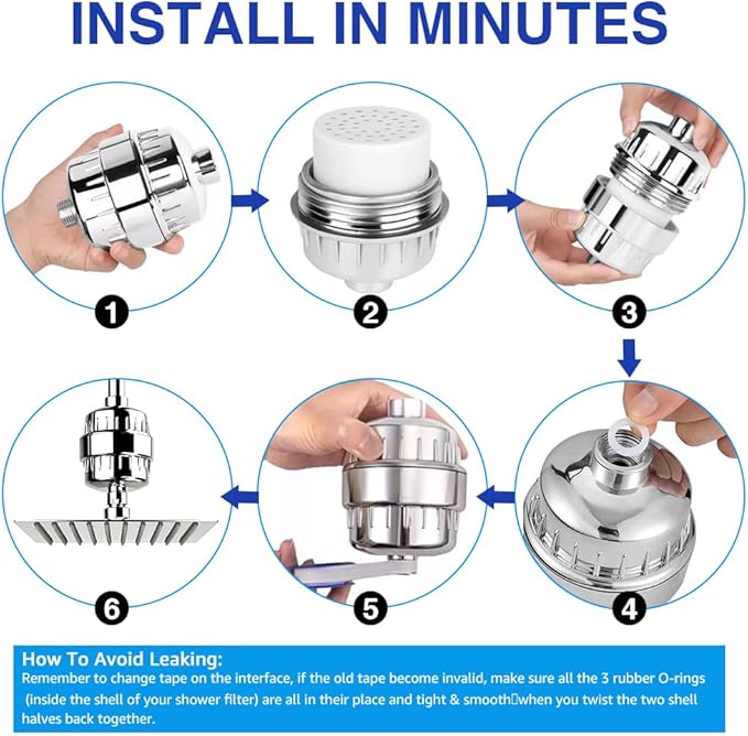 Chrome 15 Stage Shower Head Filter for Hard Water - High Output, Reduces Chlorine, Soothes Dry Skin & Itchy Scalp - Includes 2 Replaceable Filter Cartridges