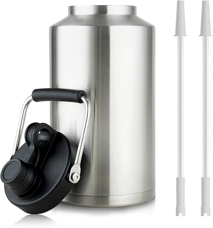 1 Gallon Water Bottle Insulated with Straw Stainless Steel Keeps Ice 48Hr, Large Water Gallon Jug Wide Mouth Leakproof Vacuum for Gym, Camping, & Construction