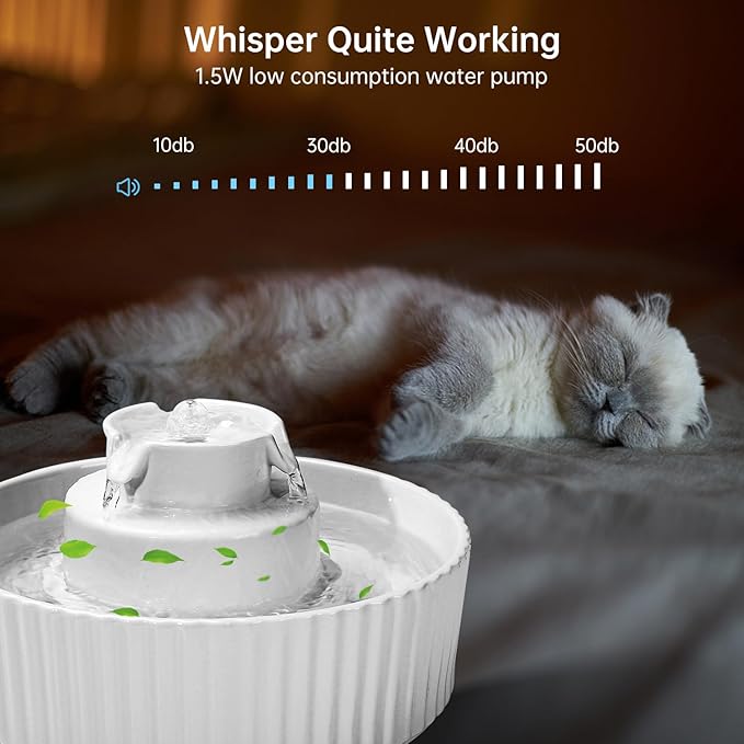 Ceramic Cat Water Fountain, 2.1L/70oz Ceramic Pet Water Fountain Automatic Cat Drinking Fountains Pet Water Bowl, Porcelain Cat Water Dispenser with Ultra-Quiet Pump for Cats and Dogs (White)