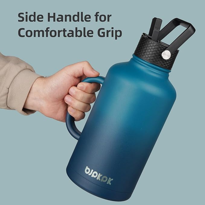 BJPKPK Half Gallon Insulated Water Bottles with Straw Lid & Side Handle, 64oz Large, Stainless Steel Water Bottles with 3 Lids and Paracord Strap, Metal Water Jug,Navy Blue