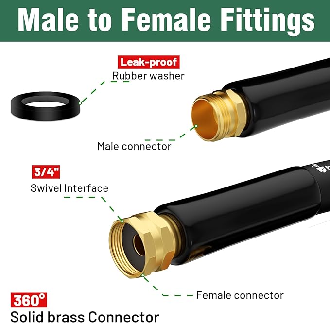 Garden Hose 50 ft x 5/8 in Heavy Duty Water Hose, Flexible and Durable, Lightweight Rubber Hybrid Hose, Leak-Free Connections, Male to Female Fittings, BT50B, Black