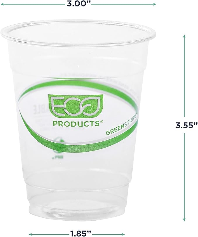 ECO PRODUCTS GreenStripe Clear Compostable 7oz PLA Plastic Cups, Case of 2000, Disposable Renewable Plant-Based Cold Cups, For Cold Drinks & Snacks, BPI Certified, ASTM Compliant.