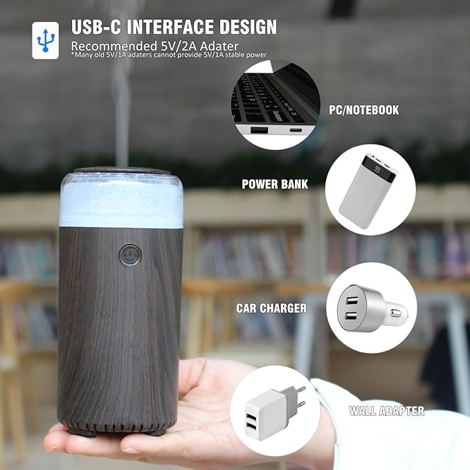 Upgrade Car Diffuser,90ml USB Rechargeable Aroma Essential Oil Aromatherapy Humidifier Diffuser(Built-in Battery Dark Grey Wood Grain)