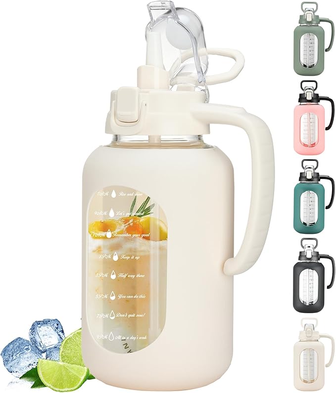 64 oz Glass Water Bottle with Handle and Straw Large 2L Water Bottle with Time Markers and Silicone Sleeve Half Gallon Water Jug BPA Free for Gym Daily Use
