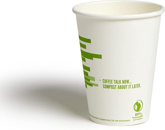 Perk Eco 12 Oz Compostable Paper Hot Cups, 50 Count Disposable Coffee Cups for Hot Beverages, White/Green