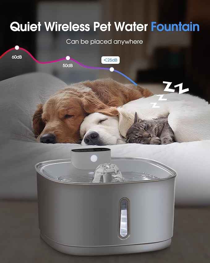 Wireless Cat Water Fountain Stainless Steel, Smart Pet Water Fountain Cordless,3.2L/108oz with Filters and 2 Spray-Head,Pet Water Fountain for Cats Dogs Indoor