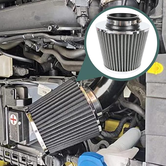 muge racing 3-inch Cold Air Intake Filter 76mm, High Performance Clamp-On Engine Intake Air Filter, Washable Reusable & Universal Round Tapered Replacement Air Filter, Silver