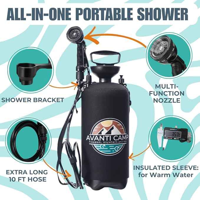 Pressurized Camping Shower (8L/2.1 Gal) – Portable Beach Shower for Surfing, Camping & Van Life – Outdoor Rinse Kit with Hand Pump & 10 Spray Modes – Portable Water Sprayer Pets & Gear | AVANTI CAMP