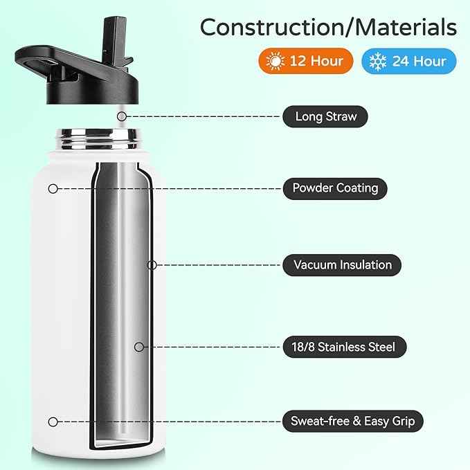 DOMICARE 32 oz Insulated Water Bottle, Vacuum Insulated Stainless Steel Sports Water Bottle with Straw Lid & Spout Lid, Leakproof, Reusable - Travel, Camping, Bike, White