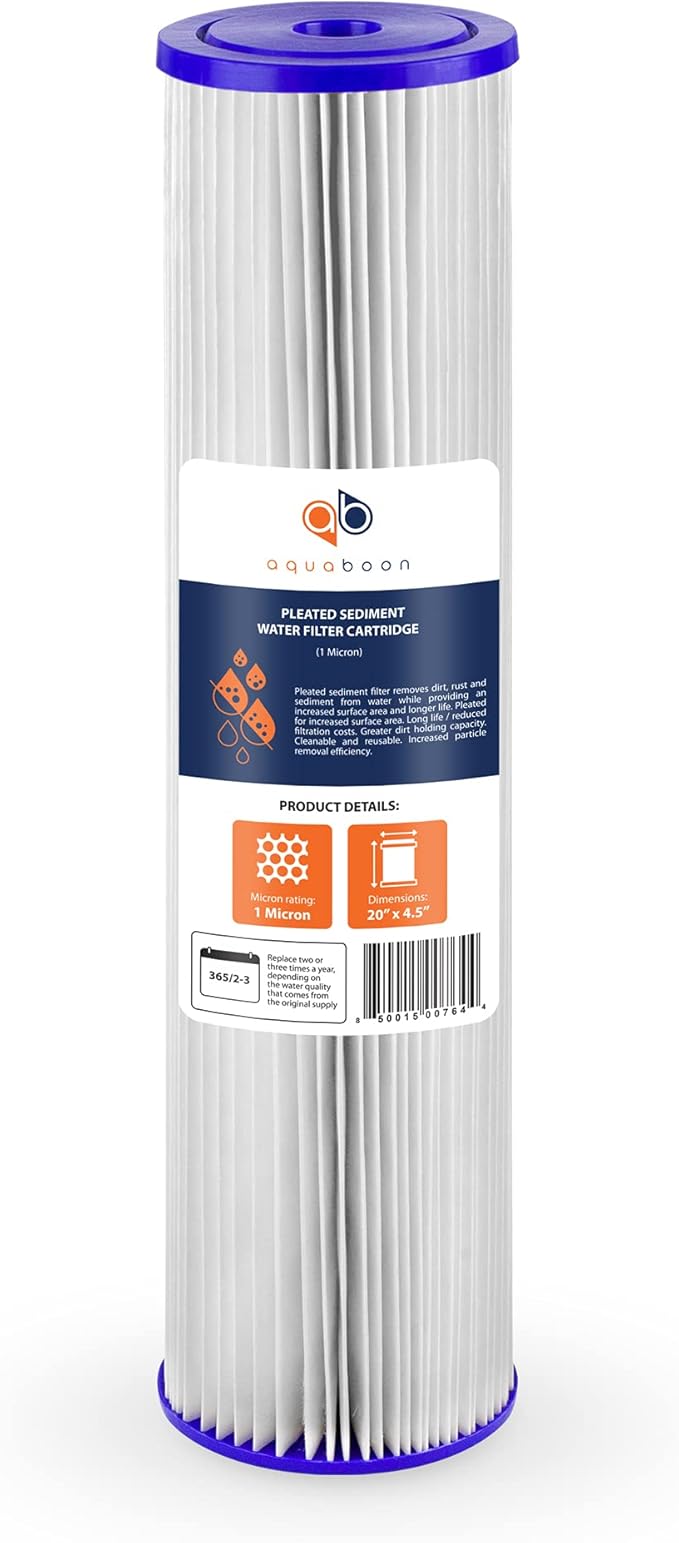 Aquaboon 1 Micron Whole House Pleated Sediment Water Filter Cartridge 20x4.5 Well Filter Replacement Compatible with ECP5-20BB, SPC-45-1005, 10 Pack