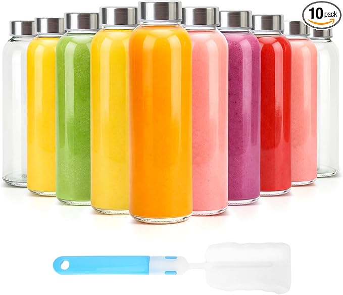 Clear Glass Bottles with Lids 18 oz, Reusable Glass Water Bottles with Stainless Steel Cap for Juicing, Refrigerator,100% Leak Proof, BPA Free, Juice Water Bottle Set of 10