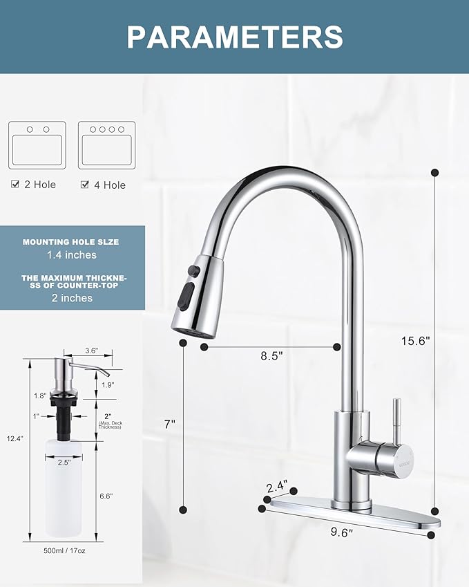 Chrome Kitchen Faucet with Soap Dispenser, WOWOW Stainless Steel Faucet for Kitchen Sink 2 or 4 Hole, High Arc Single Handle Pull Down Kitchen Faucet for Sink, RV, Laundry, Bar