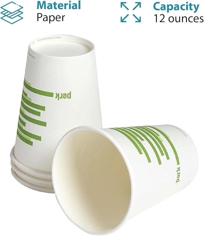 Perk Eco 12 Oz Compostable Paper Hot Cups, 500 Count Bulk Disposable Coffee Cups for Hot Beverages, White/Green