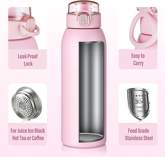 Insulated Water Bottle 24 oz with Dustproof Lid, Carry Handle & Tea Infuser, BPA-Free & Leakproof, Stainless Steel Water Bottles Ideal for Fitness, Hiking, Office & Outdoor Use （ Water Pink）