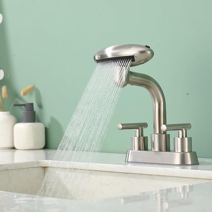 TUTEW Brushed Nickel Pull-Down Bathroom Faucet – 4-Inch Widespread 3-Hole Design, 360° Swivel Spout, 4 Spray Modes with Pop-Up Drain, Easy Install
