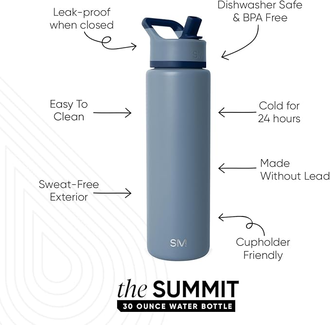 Simple Modern Water Bottle with Straw Lid | Vacuum Insulated Stainless Steel Metal Thermos | Reusable Leak Proof BPA-Free Flask for Sports Gym | Summit Collection | 30oz, Blue Dune