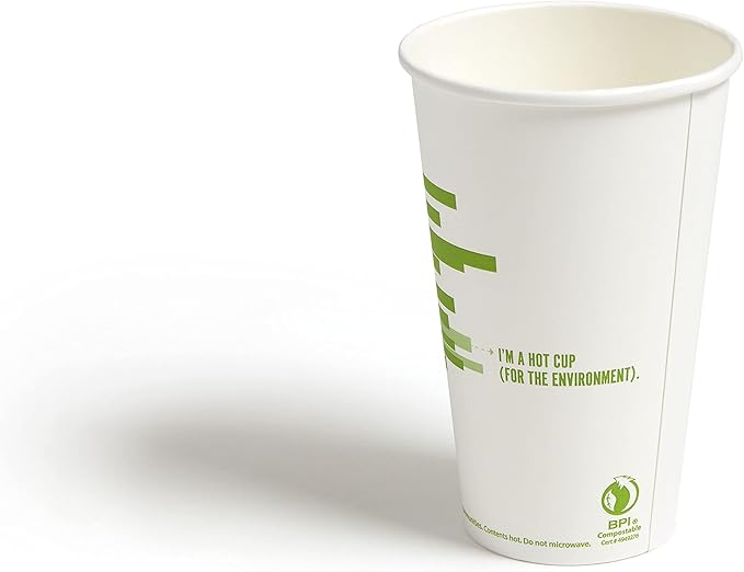 Perk Compostable Paper Hot Cups, 16 oz White/Green, Disposable Coffee Cups for Office & Catering