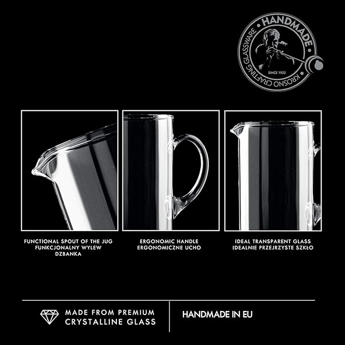 Krosno Glass Water Juice Pitcher Jug, 44 oz, Glamour Collection, Perfect for Home Restaurants and Parties, Fridge Safe, Made in Europe