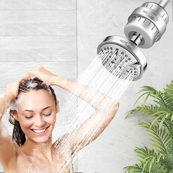 HOPOPRO 9 Modes Shower Head and 18 Stages Shower Filter Combo, High Pressure Filtered Showerhead High Output Shower Head Combo Purifying Water for Water Healthy Life