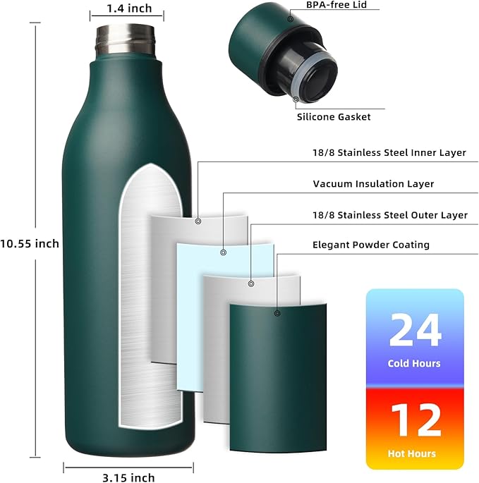 BJPKPK Insulated Water Bottles, 25 oz Stainless Steel Metal Water Bottle with Strap, BPA Free Leak Proof Jugs, Mugs, Flasks, Reusable Thermal Flasks for Sports & Travel, Army Green