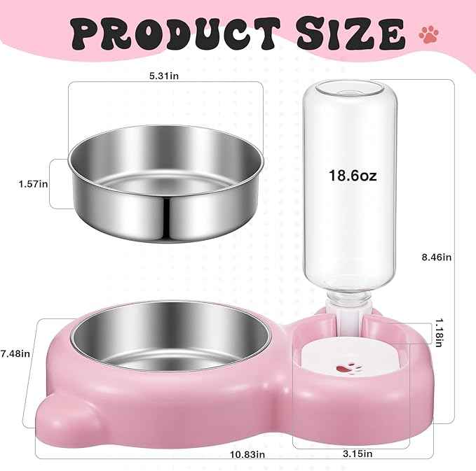 Pink Cat Food and Water Bowl and Non-Slip Silicone Mat Set Stainless Steel Food Bowl with 18.6oz Large Capacity Water Dispenser for Cats and Small Dogs