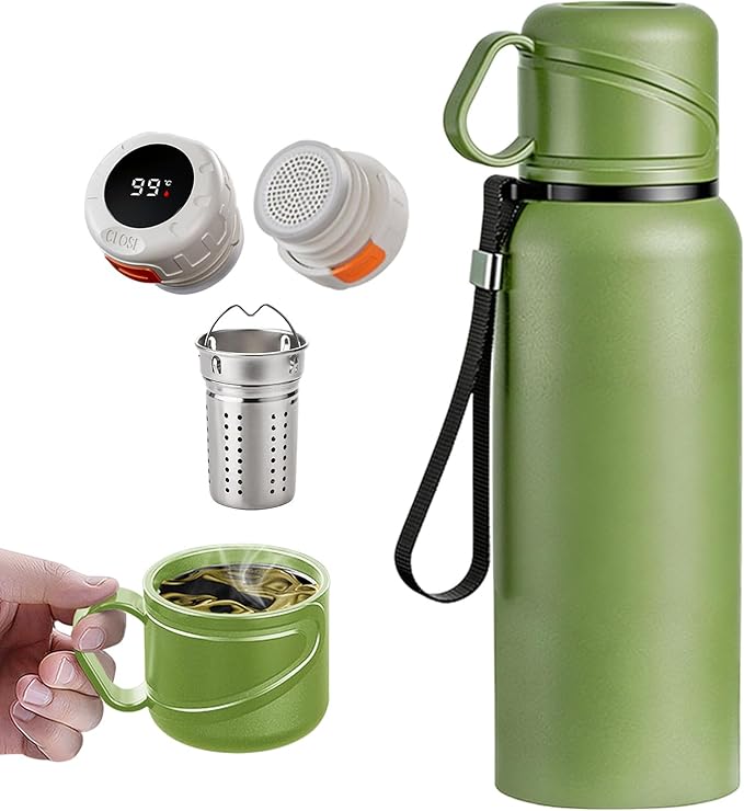 Double wall vacuum Leakproof stainless steel wide mouth insulated water bottle;tea tumbler with infuser,cup,lid;smart thermoses hot drinks;thermal flask ice coffee with led digital temperature display