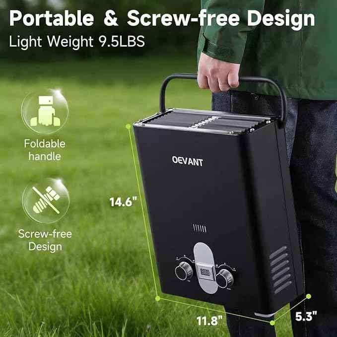 Propane Water Heater, 1.32 GPM 5L Portable Tankless Water Heater with Overheating Protection, Upgrade Screw-free Back Shell, Instant Hot Water for RV Camping, Outdoor Shower (BLACK)