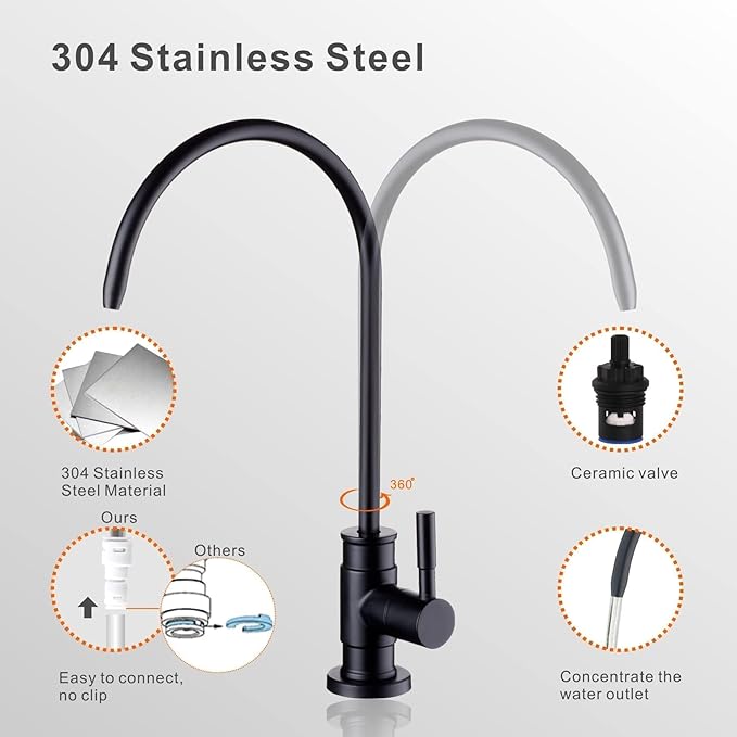 Matte Black Drinking Water Faucet for Reverse Osmosis Filtration System - Leadless Stainless Steel Kitchen Bar Sink Non Air Gap RO Filter