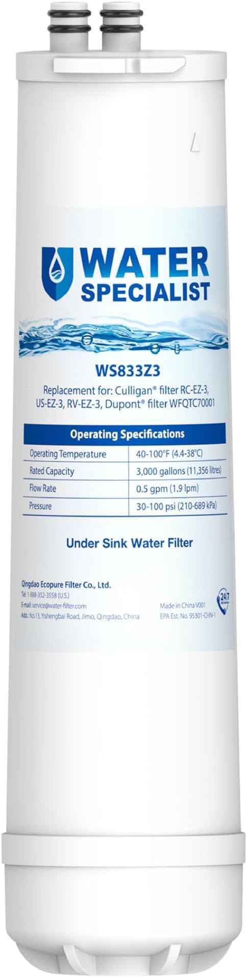Waterspecialist RC 3 EZ-Change Advanced Water Filter Replacement, Replacement for Culligan® RC-EZ-3, IC-EZ-3, US-EZ-3, RC-EZ-1, Brita® USF-201, USF-202, DuPont® 3000 Gallons (Pack of 1)