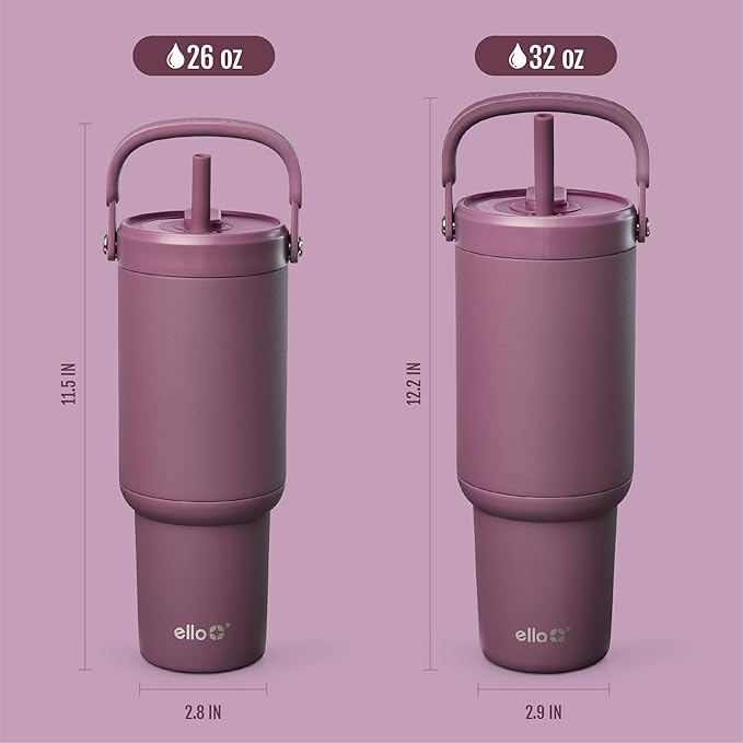 Ello Oasis Go+ 26oz Tumbler with Top Handle and Retracting Straw | Reusable Insulated Stainless Steel Cup, 100% Leakproof Water Bottle, 24 Hours Cold, Cup Holder Friendly For Travel | Wild Rasberry