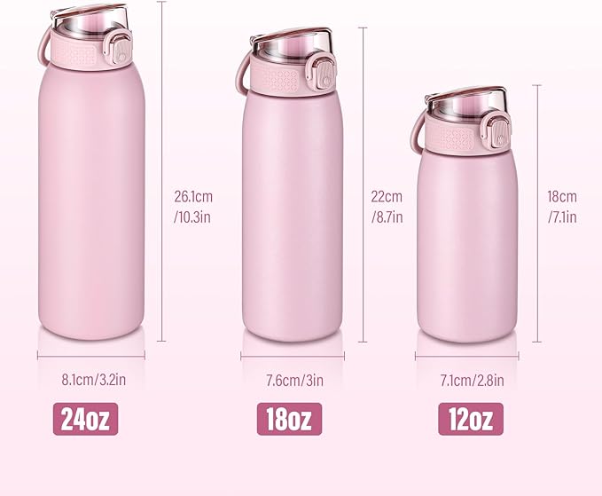 Insulated Water Bottle 12 oz with Dustproof Lid, Carry Handle & Tea Infuser, BPA-Free & Leakproof, Stainless Steel Water Bottles Ideal for Fitness, Hiking, Office & Outdoor Use （Water Pink ）