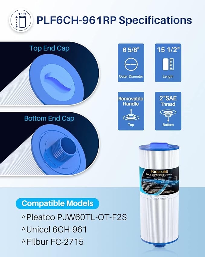 POOLPURE Pack of 6 Removable Handle Spa Filter Compatible with PJW60TL-OT-F2S, Jacuzzi Prem J300, J400, Unicel 6CH-961, 6541-383, 6540-476, 60 sq.ft Filter Cartridge with Built-in Dispenser