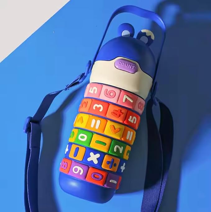 Kids Premium 14 oz Math Water Bottle with Silicone Spout, Leak-Proof Locking Flip Lid, Carrying Strap, Educational, Fun, Learning, Puzzle, Insulated, Stainless Steel, Sensory, Fidget. (Blue)